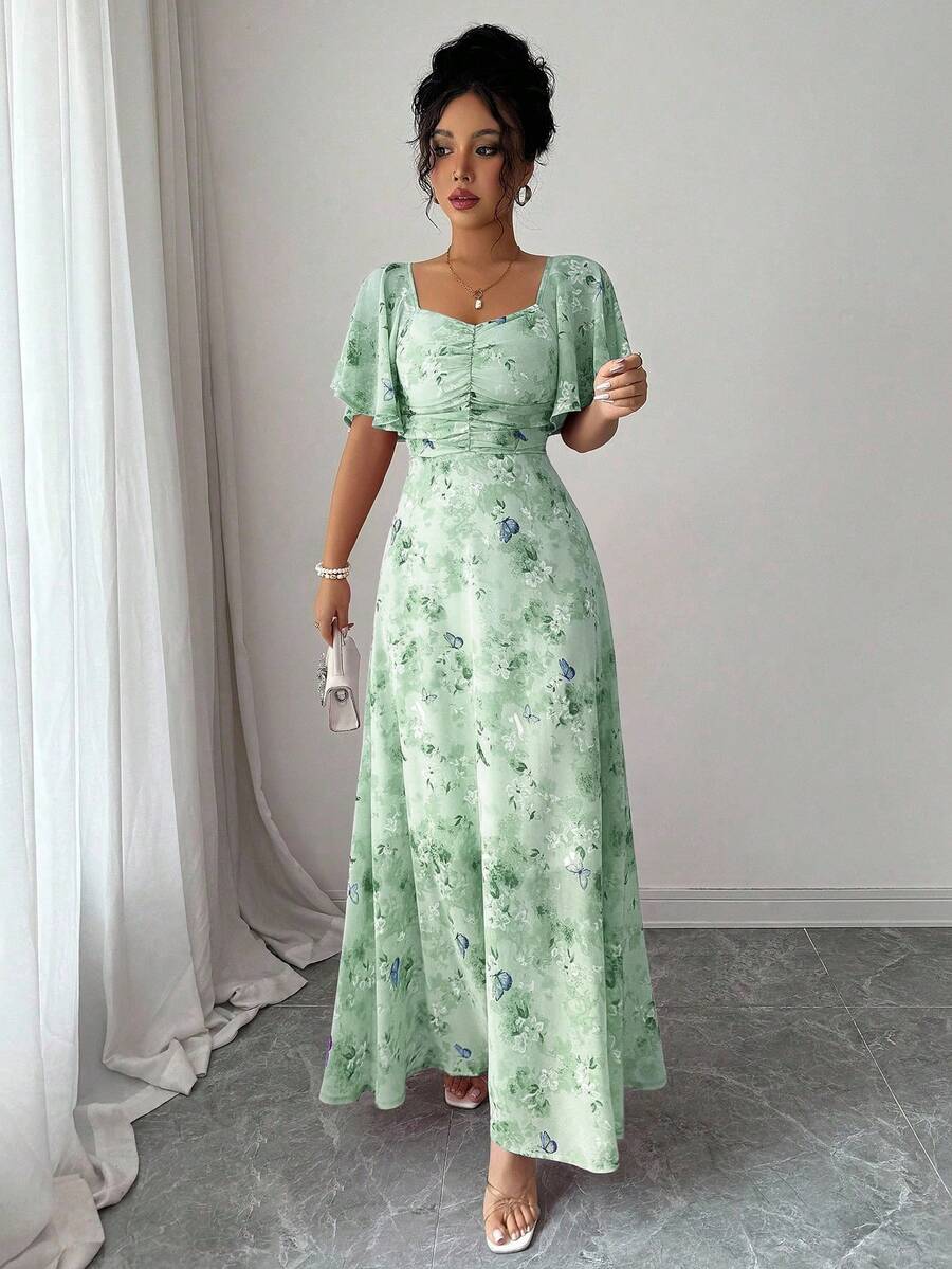 Modelyn Women Chiffon Butterfly Print Batwing Sleeve Drawstring Sweet French Style Mini Dress, Summer