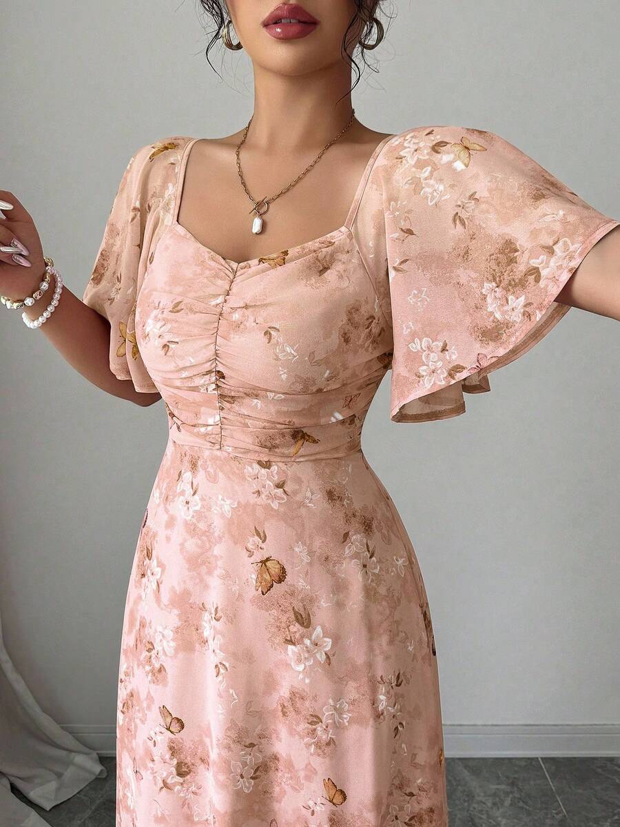 Modelyn Women Chiffon Butterfly Print Batwing Sleeve Drawstring Sweet French Style Mini Dress, Summer