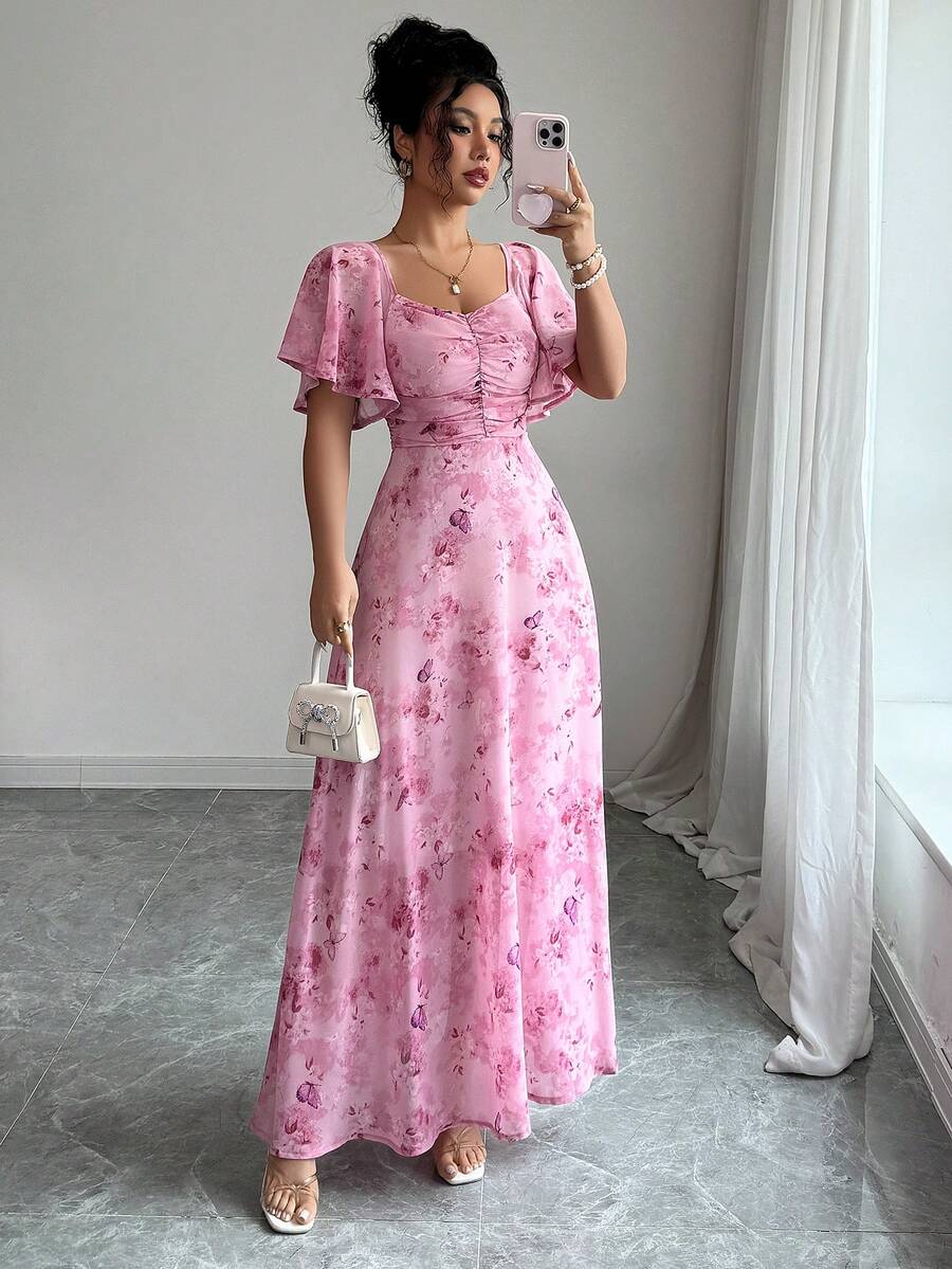 Modelyn Women Chiffon Butterfly Print Batwing Sleeve Drawstring Sweet French Style Mini Dress, Summer