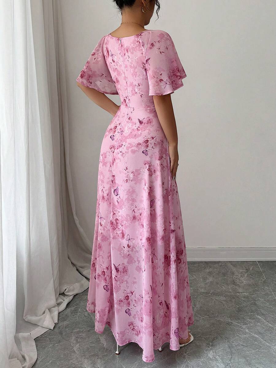 Modelyn Women Chiffon Butterfly Print Batwing Sleeve Drawstring Sweet French Style Mini Dress, Summer