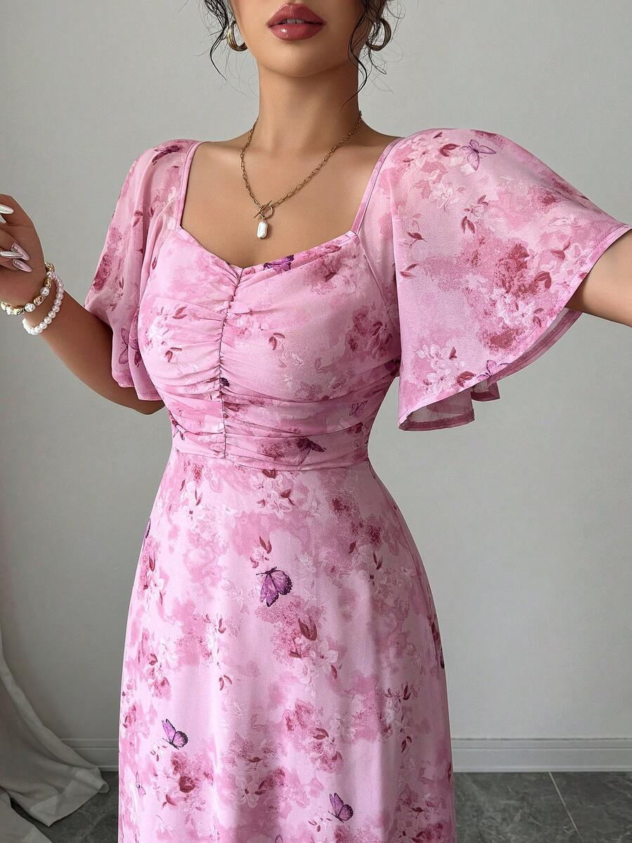 Modelyn Women Chiffon Butterfly Print Batwing Sleeve Drawstring Sweet French Style Mini Dress, Summer