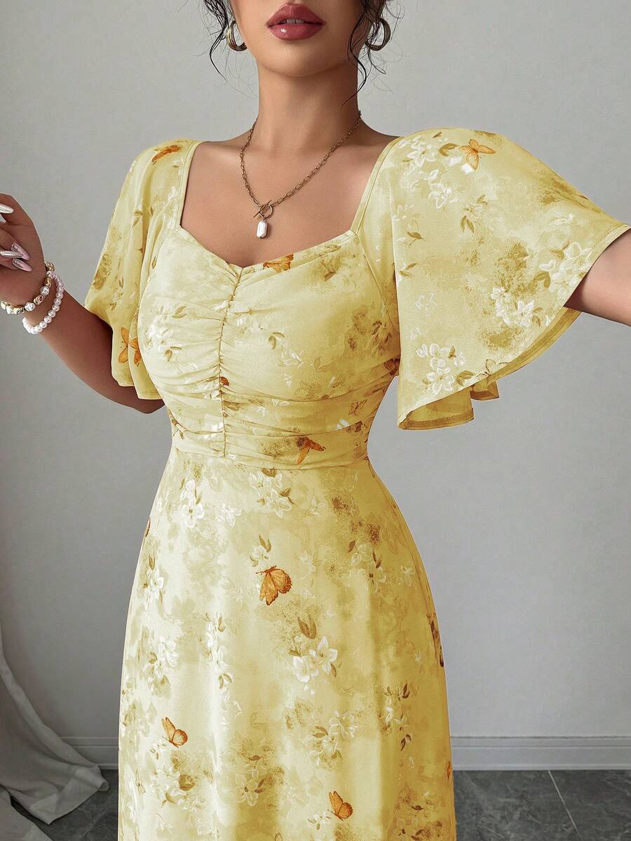 Modelyn Women Chiffon Butterfly Print Batwing Sleeve Drawstring Sweet French Style Mini Dress, Summer