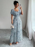 Modelyn Women Chiffon Butterfly Print Batwing Sleeve Drawstring Sweet French Style Mini Dress, Summer