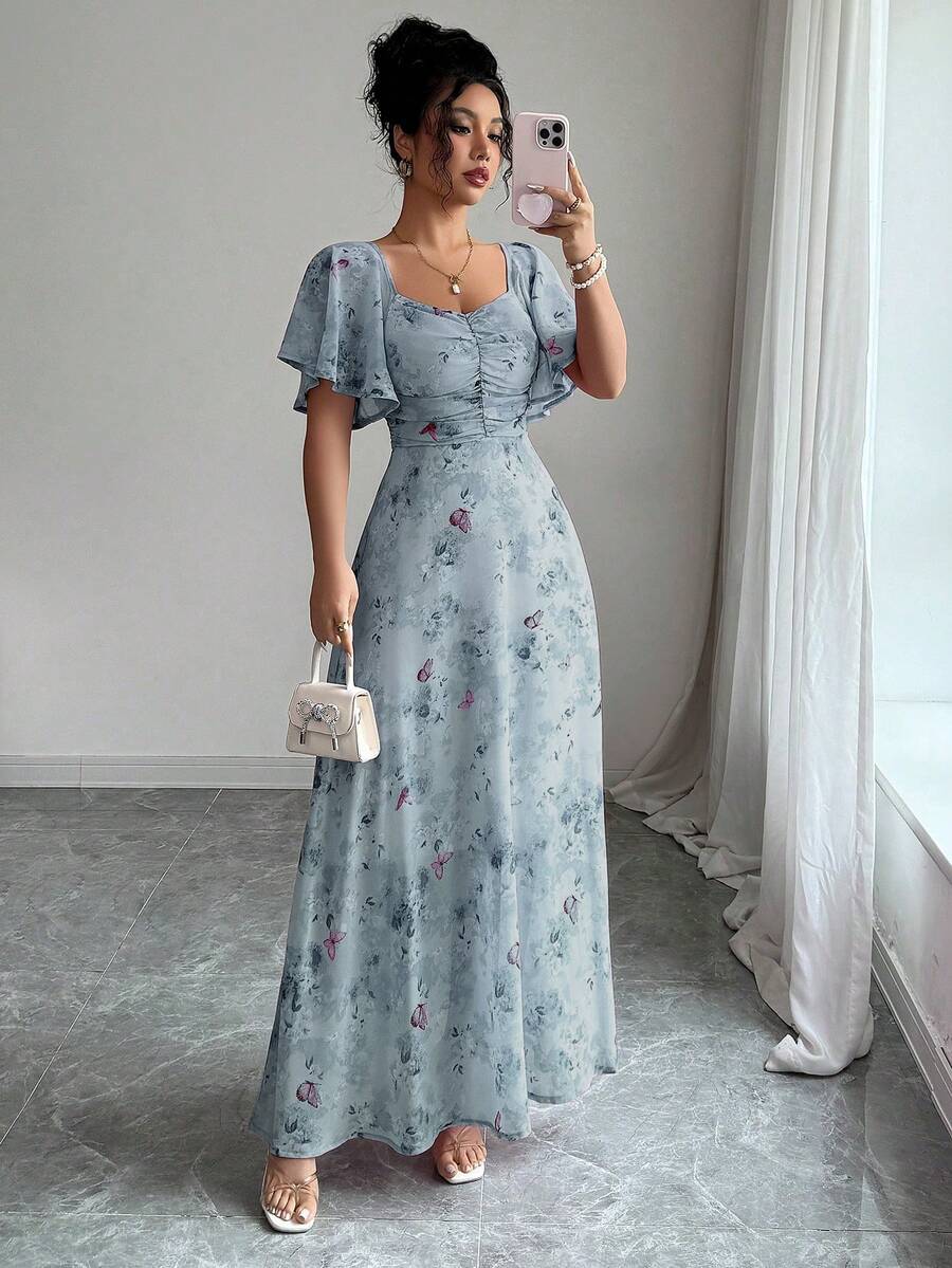 Modelyn Women Chiffon Butterfly Print Batwing Sleeve Drawstring Sweet French Style Mini Dress, Summer
