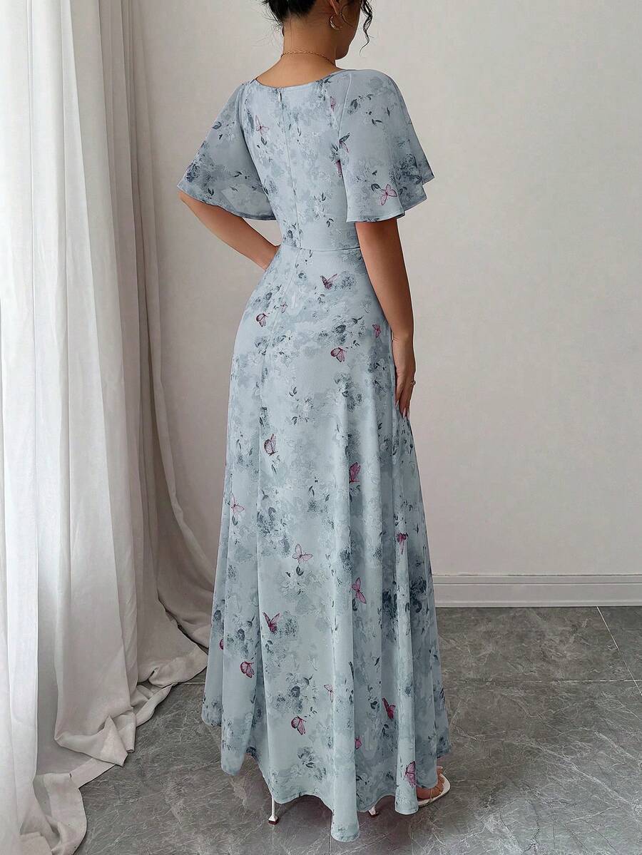 Modelyn Women Chiffon Butterfly Print Batwing Sleeve Drawstring Sweet French Style Mini Dress, Summer