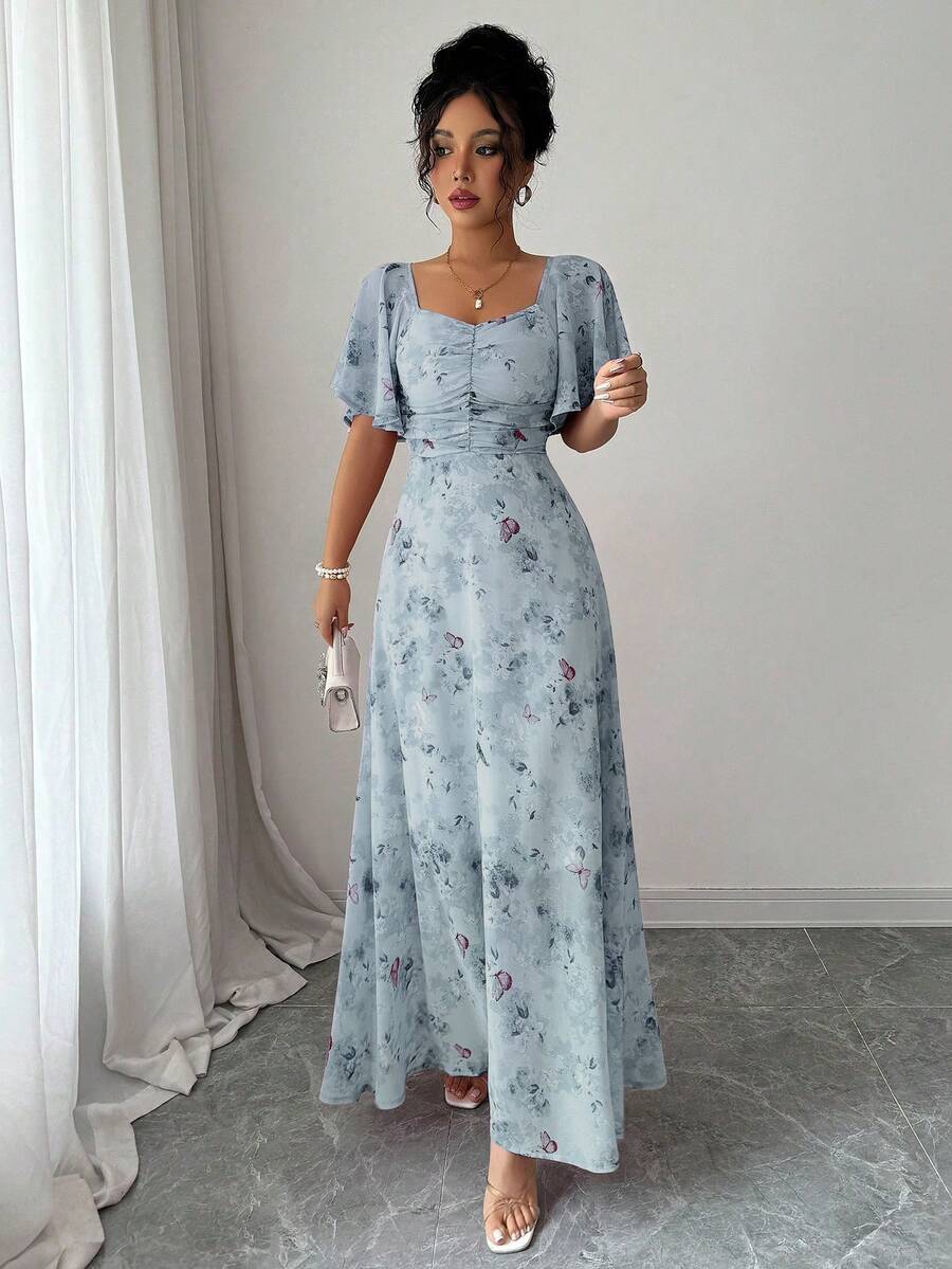 Modelyn Women Chiffon Butterfly Print Batwing Sleeve Drawstring Sweet French Style Mini Dress, Summer