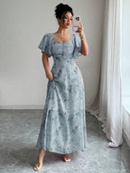 Modelyn Women Chiffon Butterfly Print Batwing Sleeve Drawstring Sweet French Style Mini Dress, Summer