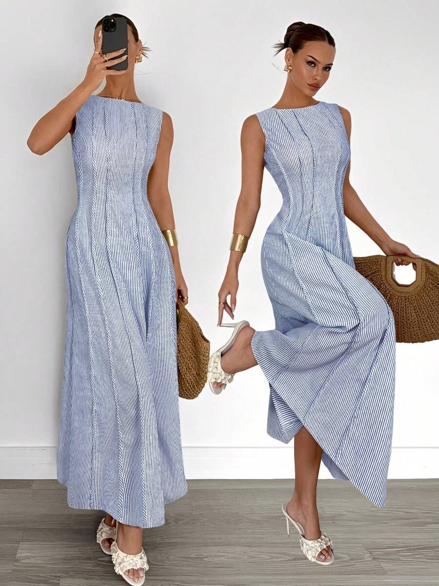 Siren Gaze New  Linen Long Dress For Women, Split Pleated Waist A-Line Dress, Elegant Long Dress, Sun Dresses For Women Holiday Wear, Imitation Linen Flowing Long Dress, Business Casual Women's Wear,Fall Women Clothes Party Summer