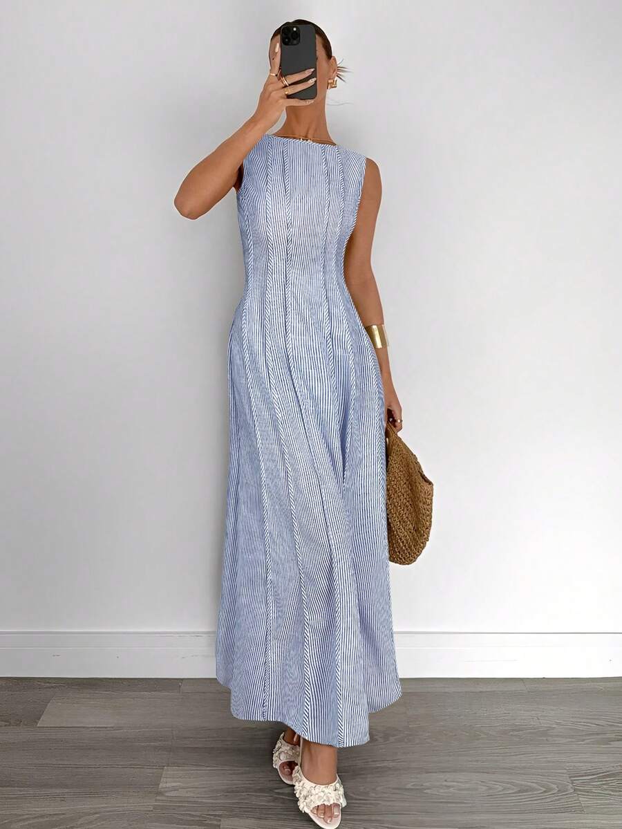 Siren Gaze New  Linen Long Dress For Women, Split Pleated Waist A-Line Dress, Elegant Long Dress, Sun Dresses For Women Holiday Wear, Imitation Linen Flowing Long Dress, Business Casual Women's Wear,Fall Women Clothes Party Summer