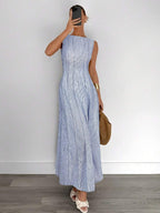 Siren Gaze New  Linen Long Dress For Women, Split Pleated Waist A-Line Dress, Elegant Long Dress, Sun Dresses For Women Holiday Wear, Imitation Linen Flowing Long Dress, Business Casual Women's Wear,Fall Women Clothes Party Summer