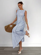 Siren Gaze New  Linen Long Dress For Women, Split Pleated Waist A-Line Dress, Elegant Long Dress, Sun Dresses For Women Holiday Wear, Imitation Linen Flowing Long Dress, Business Casual Women's Wear,Fall Women Clothes Party Summer