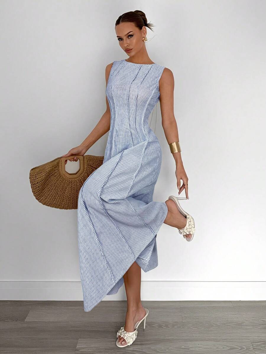 Siren Gaze New  Linen Long Dress For Women, Split Pleated Waist A-Line Dress, Elegant Long Dress, Sun Dresses For Women Holiday Wear, Imitation Linen Flowing Long Dress, Business Casual Women's Wear,Fall Women Clothes Party Summer