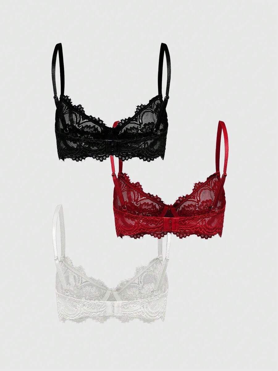ROMWE 3pcs Set Casual Everyday Lace Trim Underwire Bra