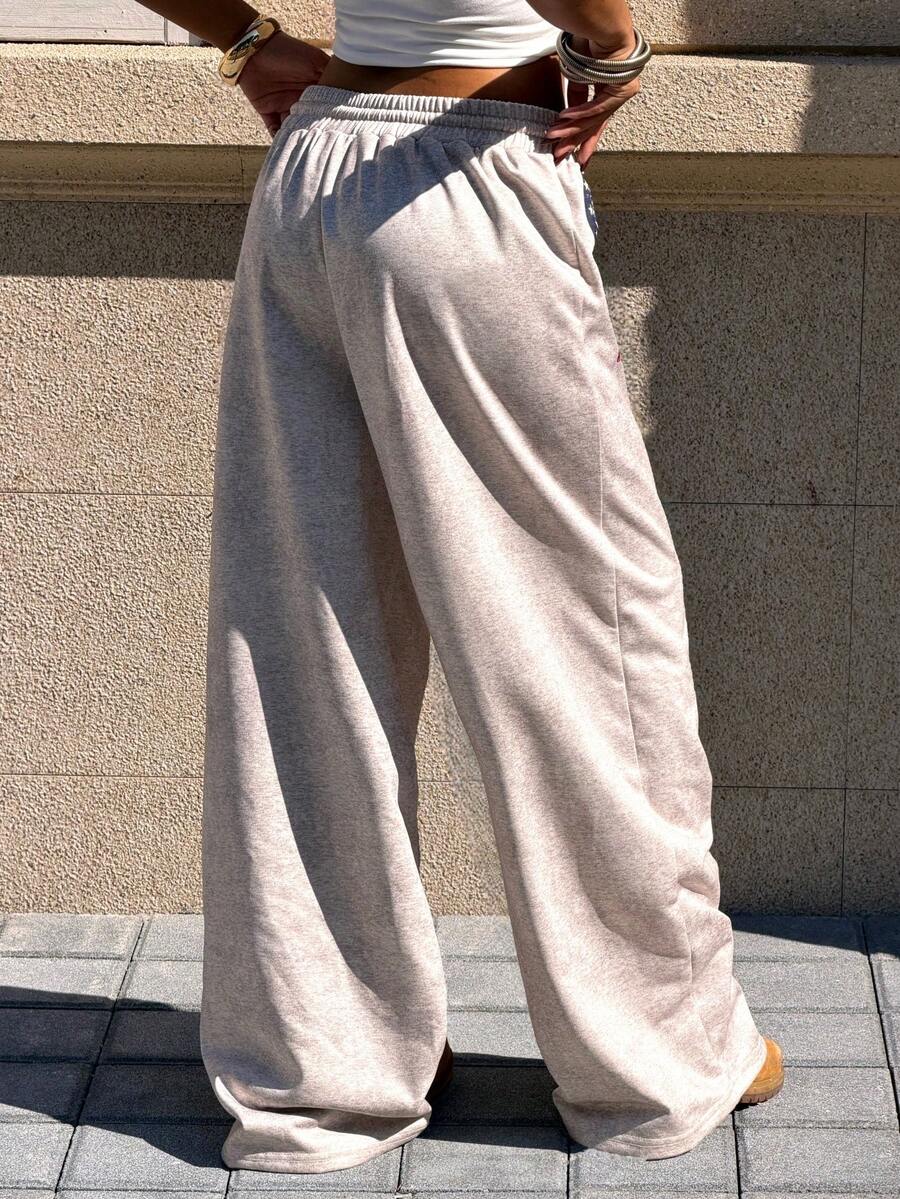 Muchica Women's White Striped Knitted Sweatpants Extra Long Straight Leg Pink Side Stripe Loose Fit Casual Track Pants For Everyday Wear White Beach Pants White Wide Leg Pants Women Wide Pants Wide Leg Summer Pants Palazzo Pants Women White Track Pants Women