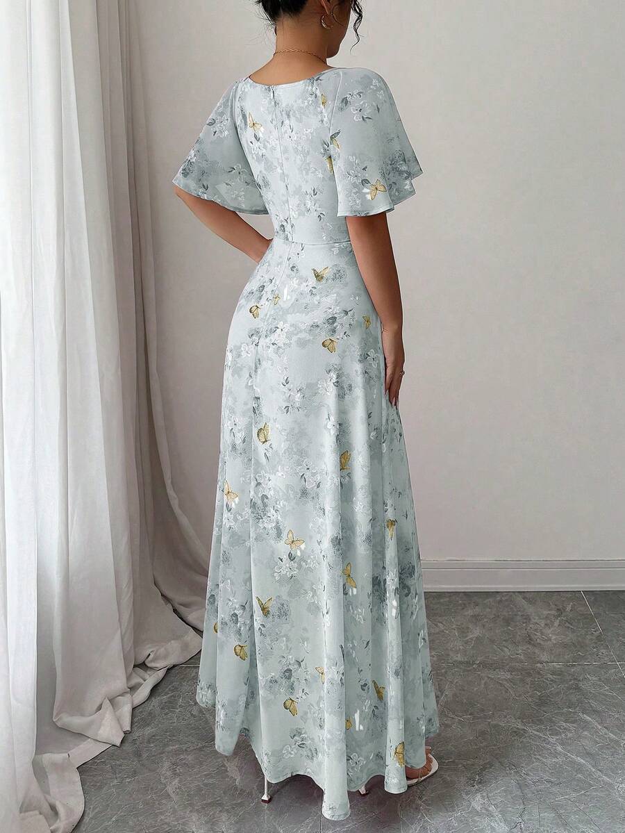 Modelyn Women Chiffon Butterfly Print Batwing Sleeve Drawstring Sweet French Style Mini Dress, Summer