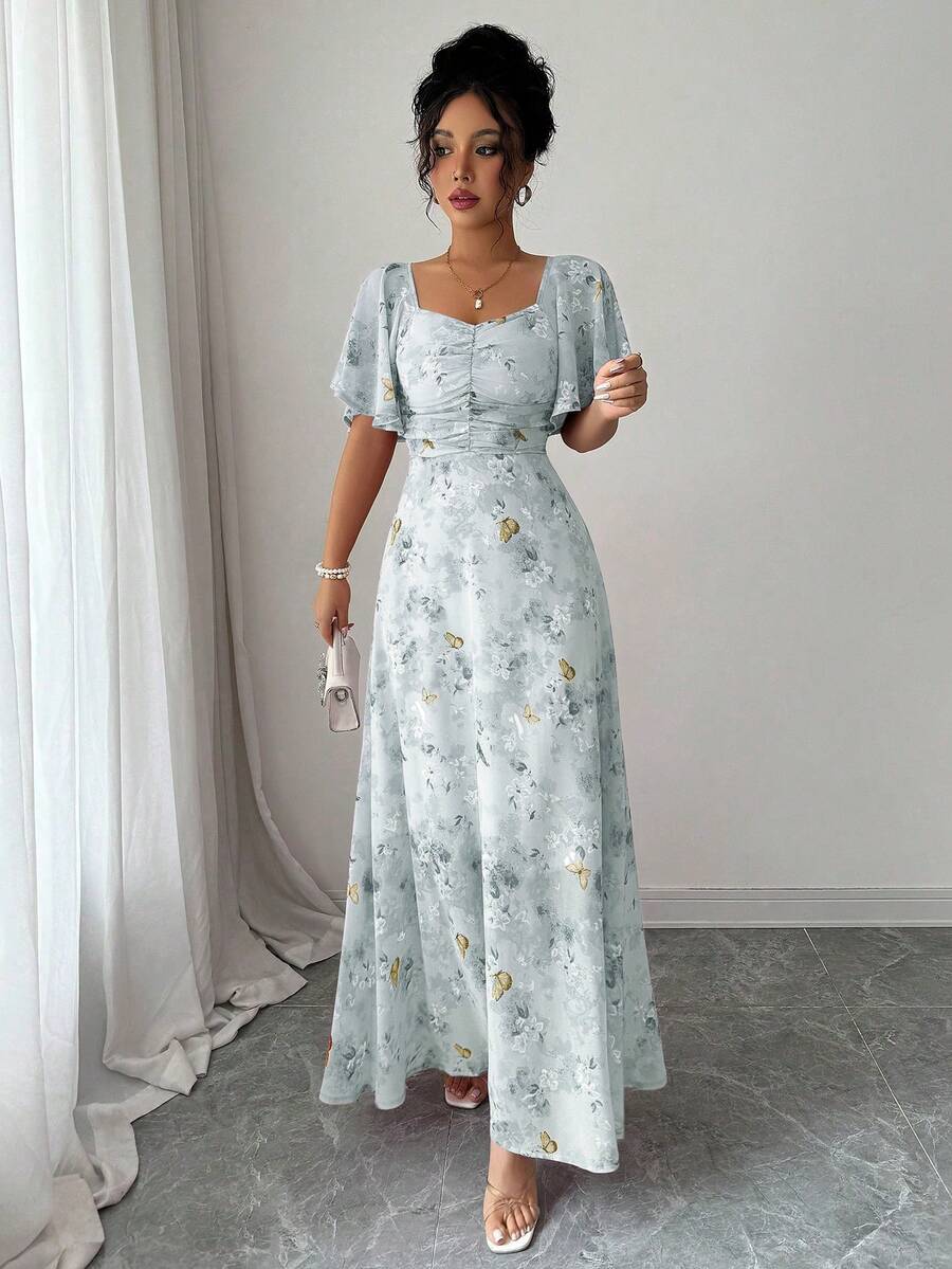Modelyn Women Chiffon Butterfly Print Batwing Sleeve Drawstring Sweet French Style Mini Dress, Summer