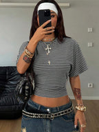 Coolane Women's Summer Minimalist Y2K Basic Daily Wear Casual Back To School Streetwear Stretchy Navy Blue Loose Ruched Crop Tees