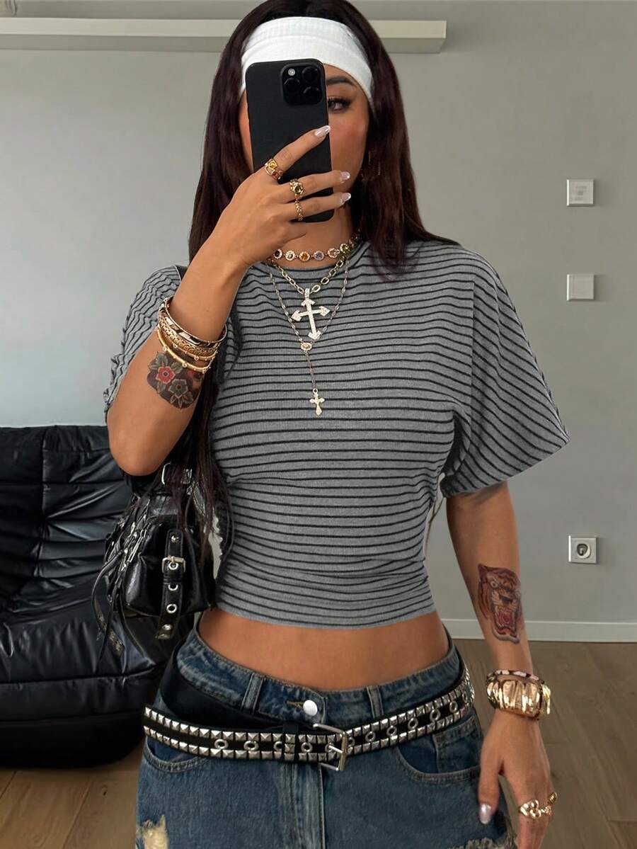 Coolane Women's Summer Minimalist Y2K Basic Daily Wear Casual Back To School Streetwear Stretchy Navy Blue Loose Ruched Crop Tees