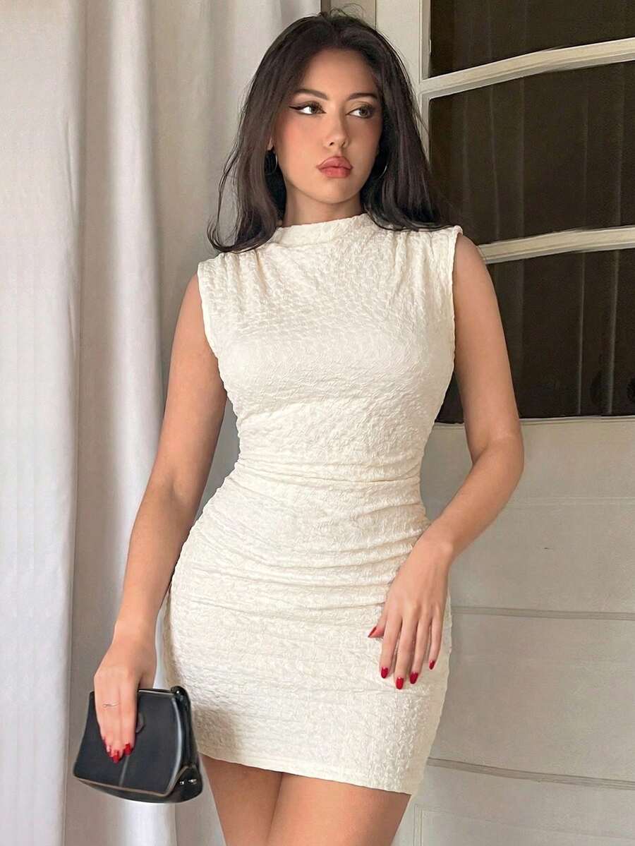 Firerie Solid Color Pleated Bodycon Sleeveless Dress,Summer Dresses For Women Black Bodycon Dress Summer Dresses For Women Carnival Outfit Carnival Dress Black Dress Valentines Day Dress Going Out Outfits