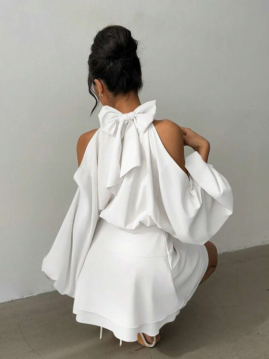 Aloruh Women's New Apricot Solid Color Mini Dress, Long Sleeve, Lantern Sleeve Design, A-Line Dress, Party Dress, Date Dress, Afternoon Tea Dress, Autumn/Winter New Year's Outfit For Women,Spring Outfit Women