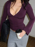 Elegant Deep V-Neck Purple Red Knit Long Sleeve Top, Flared Sleeve Design, Medium Stretch, Suitable For Women Going Out, Spring And Summer