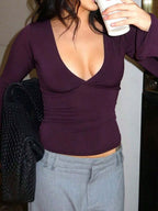 Elegant Deep V-Neck Purple Red Knit Long Sleeve Top, Flared Sleeve Design, Medium Stretch, Suitable For Women Going Out, Spring And Summer