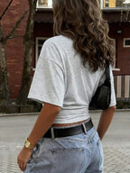 New Fashionable Elegant Solid Color Casual Versatile Waist Ruched T-Shirt, Suitable For Daily, School, Beach, Vacation, And Home Wear