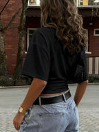 New Fashionable Elegant Solid Color Casual Versatile Waist Ruched T-Shirt, Suitable For Daily, School, Beach, Vacation, And Home Wear