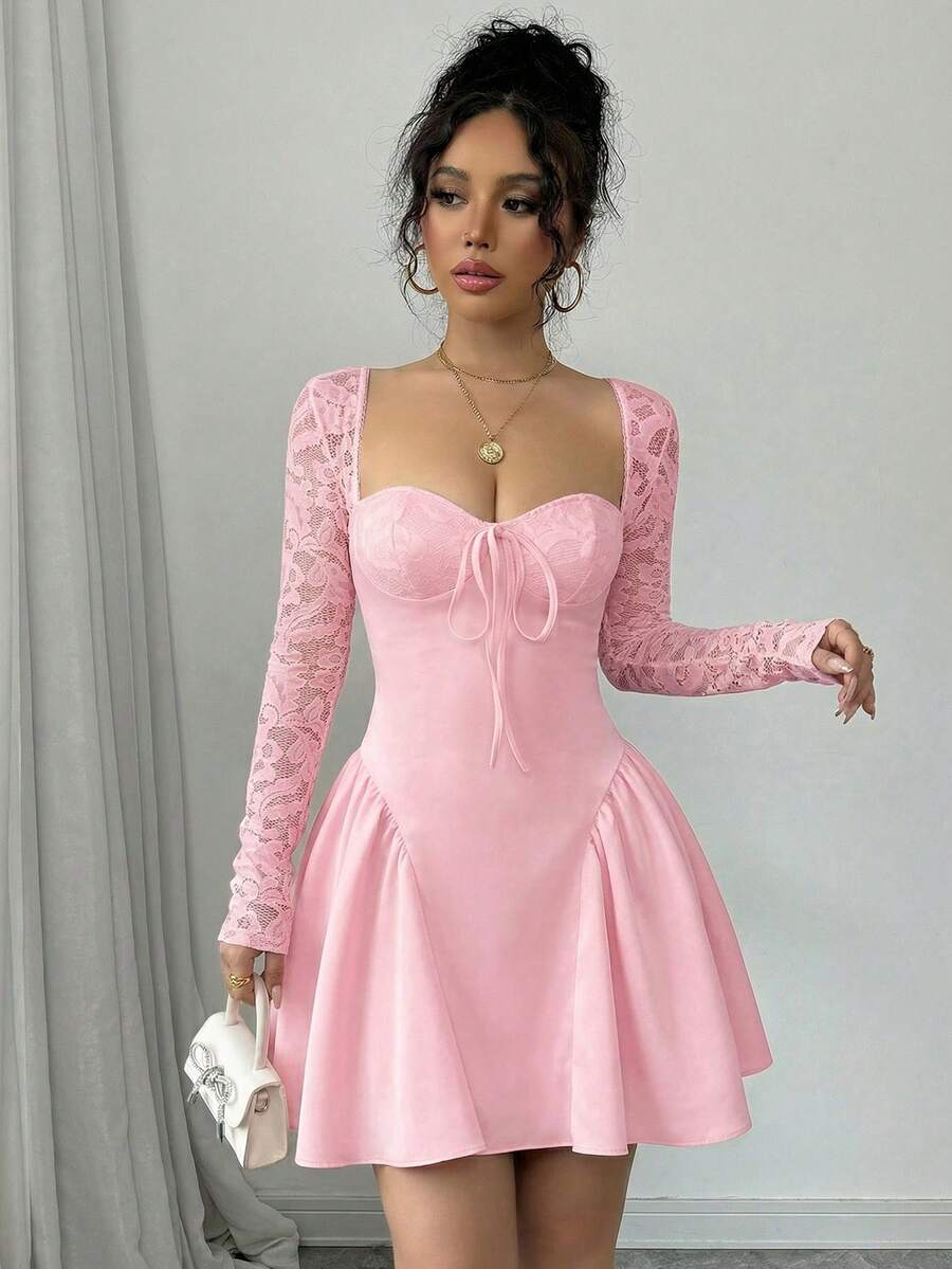 SHEIN Allurite Holiday Costume Dress Christmas Party Ball White Lace Long Sleeve Princess Tutu Sexy Mini Dress;Fall Women Clothes;Holiday Party Dress;New Year Eve Dress;New Years Women Outfit,Valentine's Day Mini Dress, Spring/Summer Mini Dress,Black And White Stitching Black Corset Dress Dinner Date Dress Sweetheart Neckline Dress Corset Top Dress Wine Dress Maroon Dress