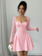 SHEIN Allurite Holiday Costume Dress Christmas Party Ball White Lace Long Sleeve Princess Tutu Sexy Mini Dress;Fall Women Clothes;Holiday Party Dress;New Year Eve Dress;New Years Women Outfit,Valentine's Day Mini Dress, Spring/Summer Mini Dress,Black And White Stitching Black Corset Dress Dinner Date Dress Sweetheart Neckline Dress Corset Top Dress Wine Dress Maroon Dress