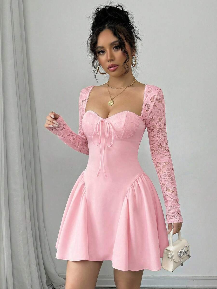 SHEIN Allurite Holiday Costume Dress Christmas Party Ball White Lace Long Sleeve Princess Tutu Sexy Mini Dress;Fall Women Clothes;Holiday Party Dress;New Year Eve Dress;New Years Women Outfit,Valentine's Day Mini Dress, Spring/Summer Mini Dress,Black And White Stitching Black Corset Dress Dinner Date Dress Sweetheart Neckline Dress Corset Top Dress Wine Dress Maroon Dress