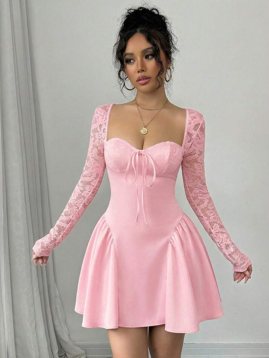 SHEIN Allurite Holiday Costume Dress Christmas Party Ball White Lace Long Sleeve Princess Tutu Sexy Mini Dress;Fall Women Clothes;Holiday Party Dress;New Year Eve Dress;New Years Women Outfit,Valentine's Day Mini Dress, Spring/Summer Mini Dress,Black And White Stitching Black Corset Dress Dinner Date Dress Sweetheart Neckline Dress Corset Top Dress Wine Dress Maroon Dress