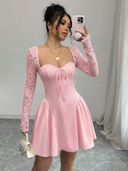 SHEIN Allurite Holiday Costume Dress Christmas Party Ball White Lace Long Sleeve Princess Tutu Sexy Mini Dress;Fall Women Clothes;Holiday Party Dress;New Year Eve Dress;New Years Women Outfit,Valentine's Day Mini Dress, Spring/Summer Mini Dress,Black And White Stitching Black Corset Dress Dinner Date Dress Sweetheart Neckline Dress Corset Top Dress Wine Dress Maroon Dress