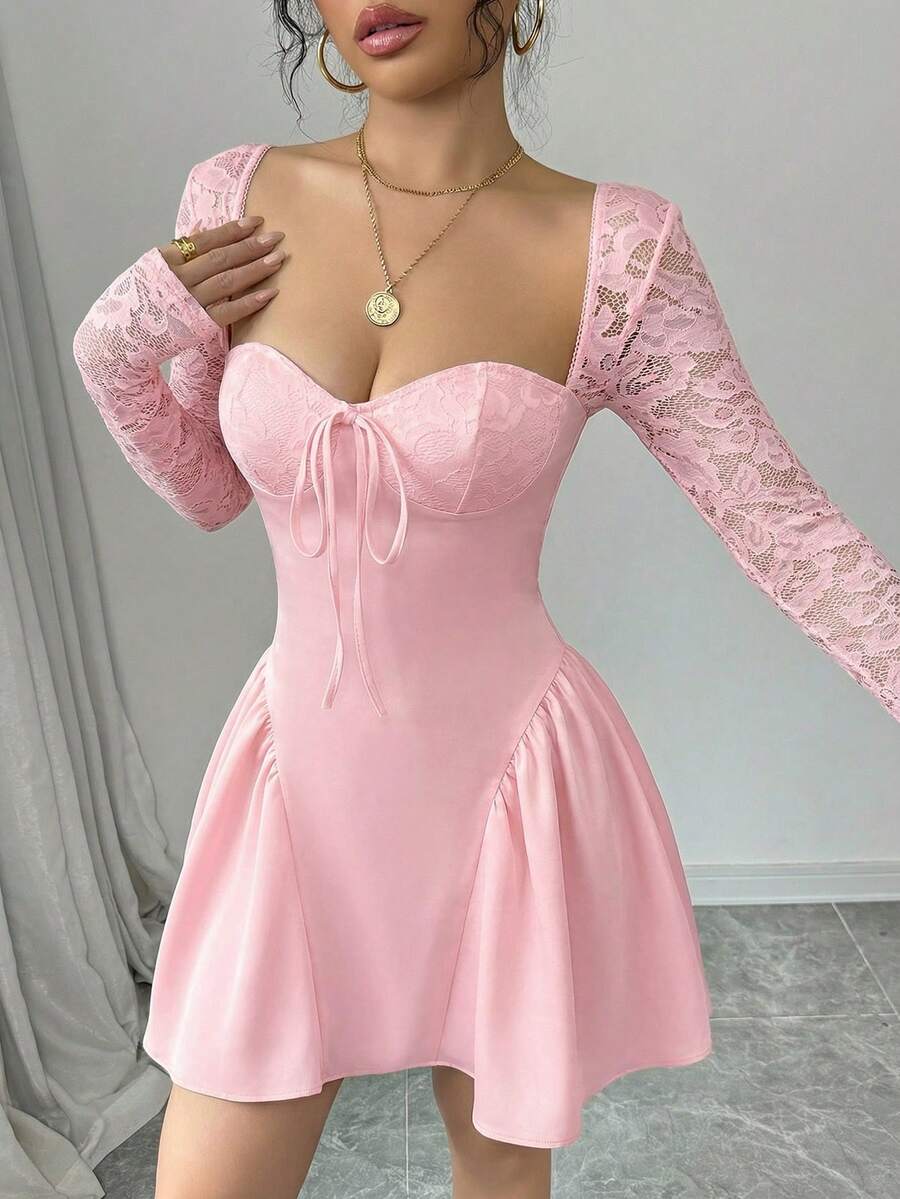 SHEIN Allurite Holiday Costume Dress Christmas Party Ball White Lace Long Sleeve Princess Tutu Sexy Mini Dress;Fall Women Clothes;Holiday Party Dress;New Year Eve Dress;New Years Women Outfit,Valentine's Day Mini Dress, Spring/Summer Mini Dress,Black And White Stitching Black Corset Dress Dinner Date Dress Sweetheart Neckline Dress Corset Top Dress Wine Dress Maroon Dress