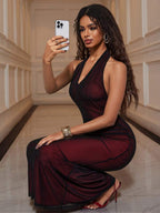 Rafferiza Elegant Bodycon Fishtail Hem V-Neck Waist Pleated Knit Mesh With Rose Red Lining Long Dress For Women, Autumn/Winter Fall Cloth For Women