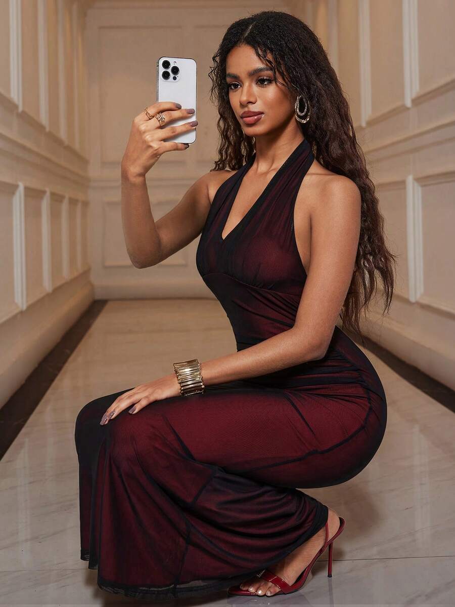 Rafferiza Elegant Bodycon Fishtail Hem V-Neck Waist Pleated Knit Mesh With Rose Red Lining Long Dress For Women, Autumn/Winter Fall Cloth For Women