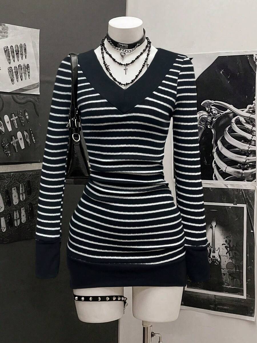 StreetHx Women's Casual Striped V-Neck Long Sleeve Short Dress