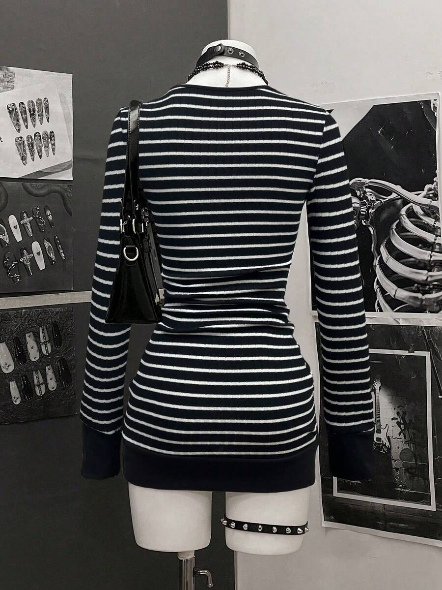 StreetHx Women's Casual Striped V-Neck Long Sleeve Short Dress