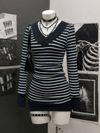 StreetHx Women's Casual Striped V-Neck Long Sleeve Short Dress