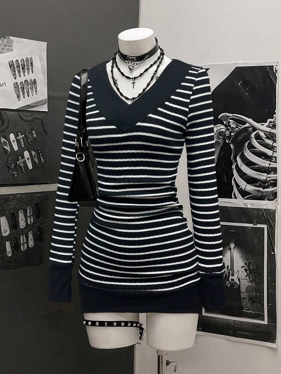 StreetHx Women's Casual Striped V-Neck Long Sleeve Short Dress