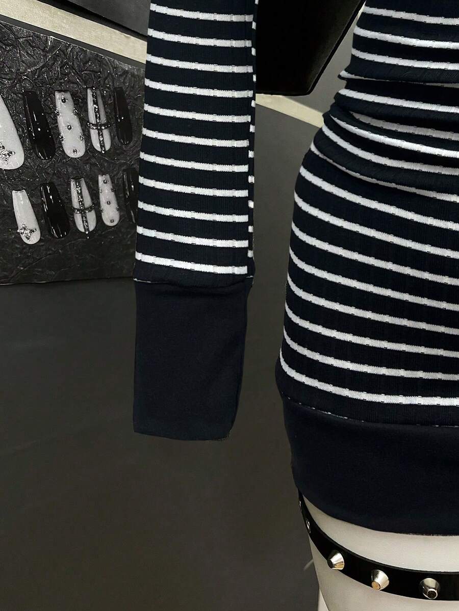StreetHx Women's Casual Striped V-Neck Long Sleeve Short Dress