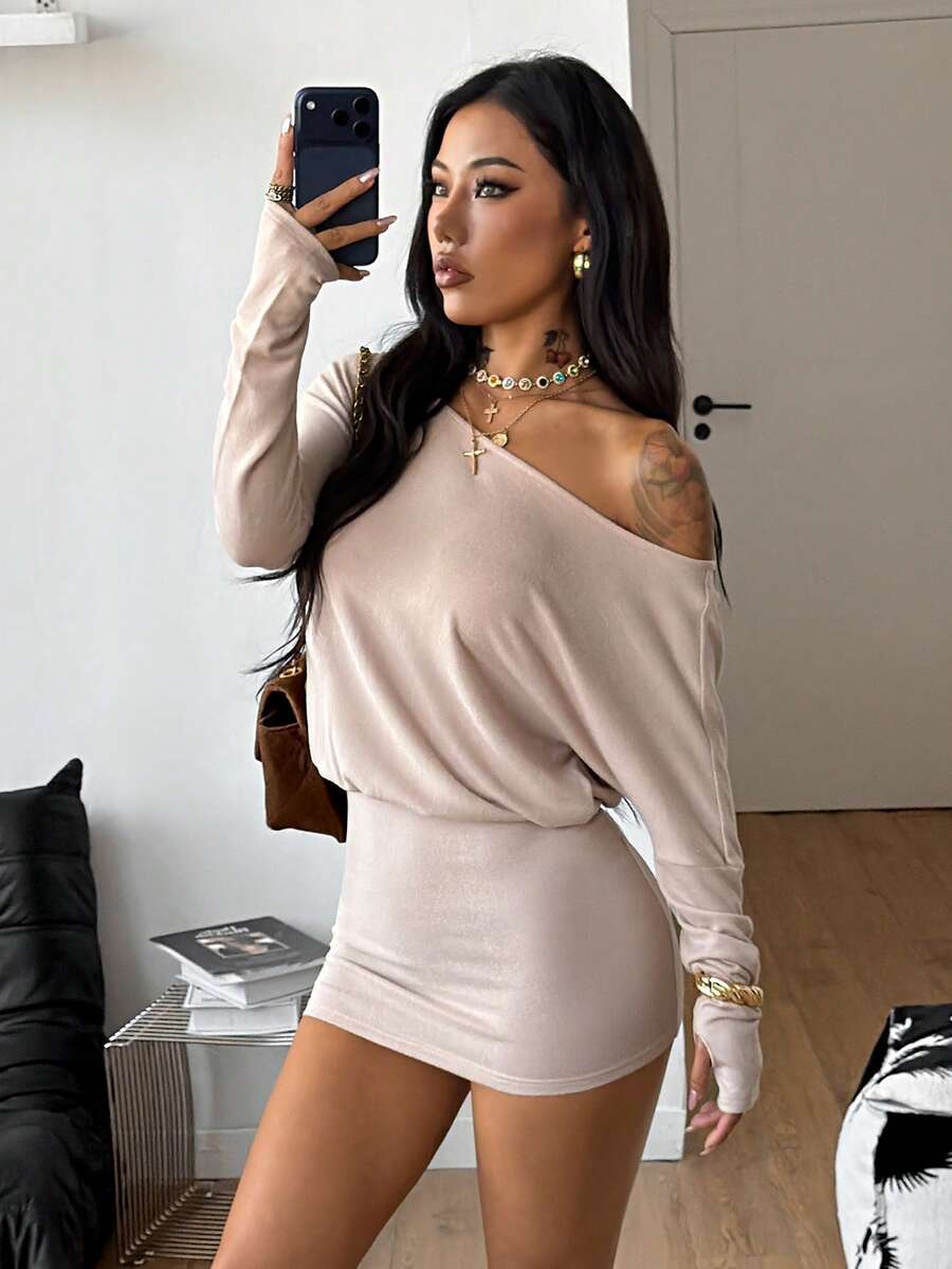 Coolane Women's Fall Y2K Basic Daily Wear Casual Black Knit Asymmetrical Shoulder Batwing Sleeve Beltless Mini Dress