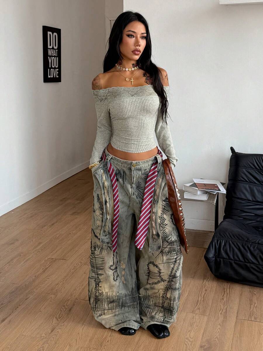 Coolane Women's Winter Streetwear Basic Casual Y2K Rib Knit Witchy Goth Music Festival  Lace Patchwork Off The Shoulder Warm/ Cold Weather/ Thermal Long Sleeve Black Top