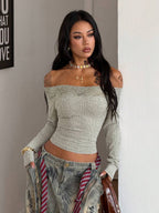 Coolane Women's Winter Streetwear Basic Casual Y2K Rib Knit Witchy Goth Music Festival  Lace Patchwork Off The Shoulder Warm/ Cold Weather/ Thermal Long Sleeve Black Top