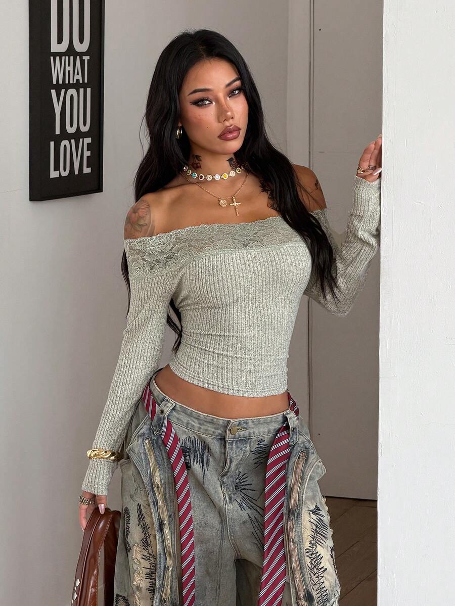 Coolane Women's Winter Streetwear Basic Casual Y2K Rib Knit Witchy Goth Music Festival  Lace Patchwork Off The Shoulder Warm/ Cold Weather/ Thermal Long Sleeve Black Top