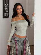 Coolane Women's Winter Streetwear Basic Casual Y2K Rib Knit Witchy Goth Music Festival  Lace Patchwork Off The Shoulder Warm/ Cold Weather/ Thermal Long Sleeve Black Top