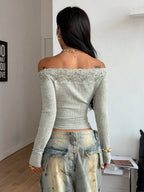 Coolane Women's Winter Streetwear Basic Casual Y2K Rib Knit Witchy Goth Music Festival  Lace Patchwork Off The Shoulder Warm/ Cold Weather/ Thermal Long Sleeve Black Top