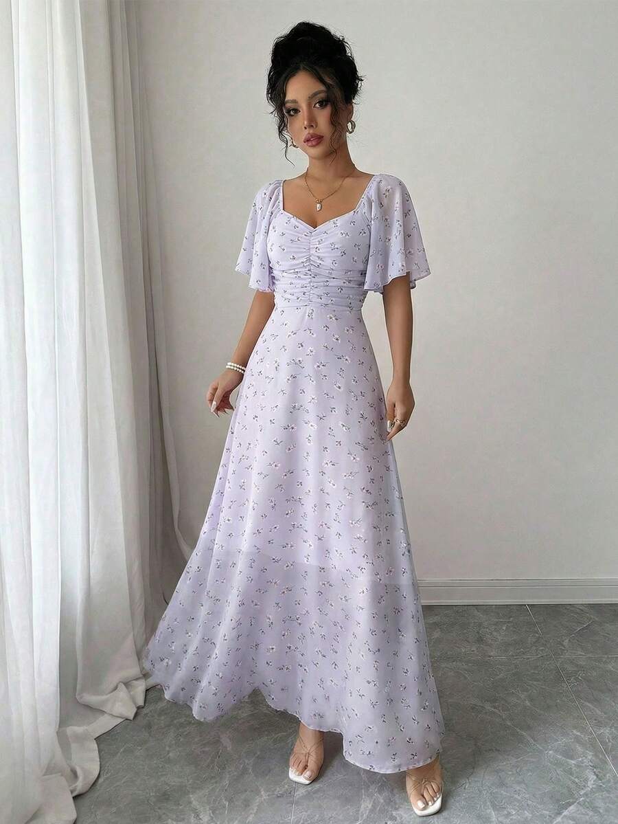 Modelyn Women Chiffon Butterfly Print Batwing Sleeve Drawstring Sweet French Style Mini Dress, Summer