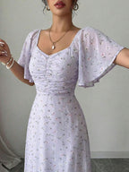 Modelyn Women Chiffon Butterfly Print Batwing Sleeve Drawstring Sweet French Style Mini Dress, Summer
