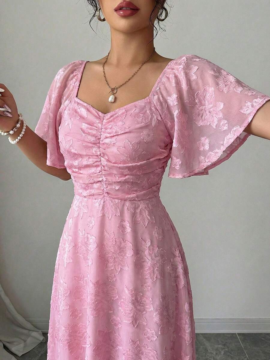 Modelyn Women Chiffon Butterfly Print Batwing Sleeve Drawstring Sweet French Style Mini Dress, Summer